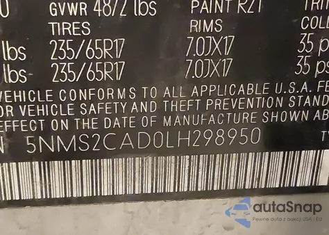 2020 Hyundai Santa Fe Se z USA, uszkodzony, nr VIN 5NMS2CAD0LH298950